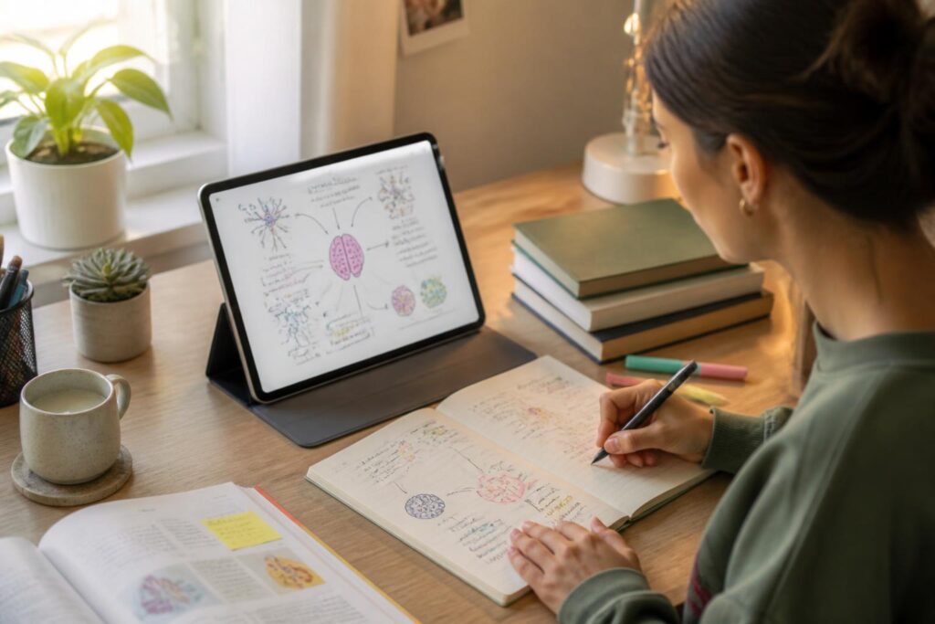 Pelajar menyusun catatan digital di tablet sambil belajar di meja dengan buku dan alat tulis