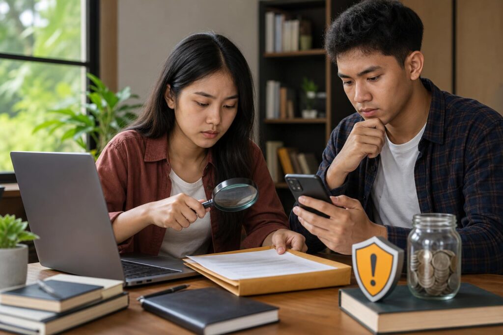 Pelajar memeriksa informasi beasiswa online dengan laptop dan ponsel sambil memperhatikan tanda keamanan