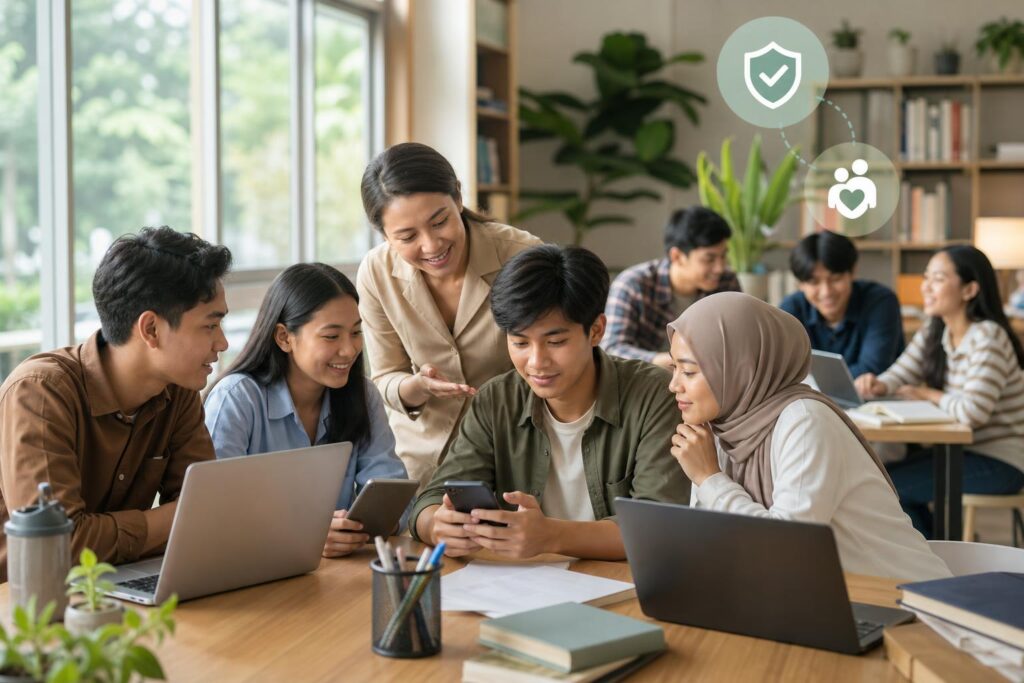 Pelajar dan mahasiswa berdiskusi dengan pendidik tentang penggunaan ruang digital yang aman dan beretika