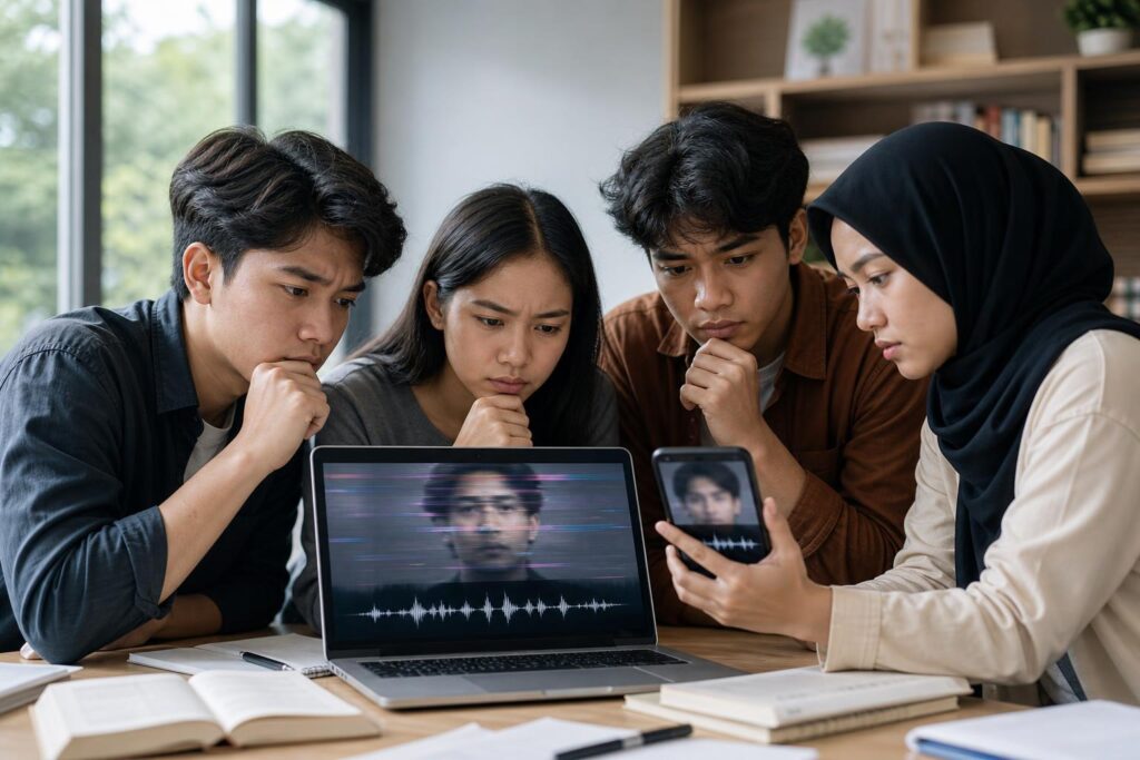 Pelajar memeriksa video dan audio mencurigakan yang diduga dibuat dengan AI menggunakan laptop dan ponsel