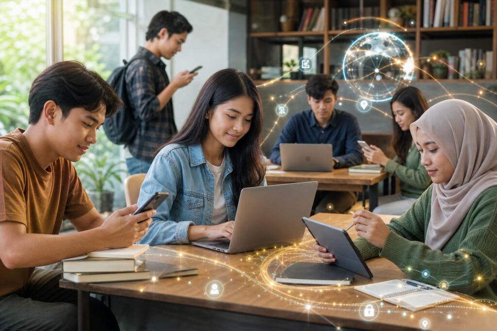 Pelajar dan mahasiswa meninjau aktivitas digital dengan bijak menggunakan laptop dan ponsel di ruang belajar