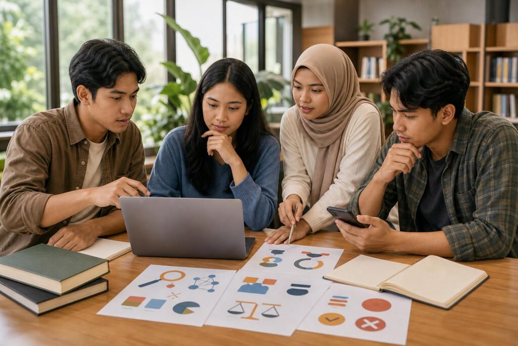 Siswa berdiskusi sambil memeriksa sumber dan membandingkan informasi digital di laptop dan ponsel