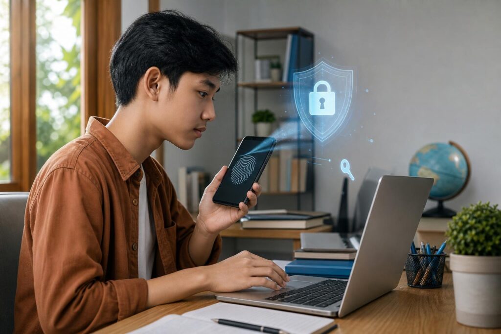 Pelajar menggunakan laptop dan ponsel untuk login ke layanan pembelajaran dengan autentikasi perangkat yang aman