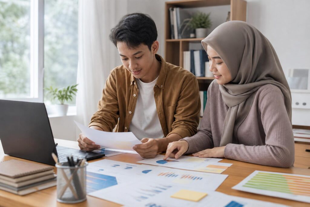 Pelajar dan mahasiswa menyusun karya serta refleksi belajar di meja dengan laptop dan dokumen proyek