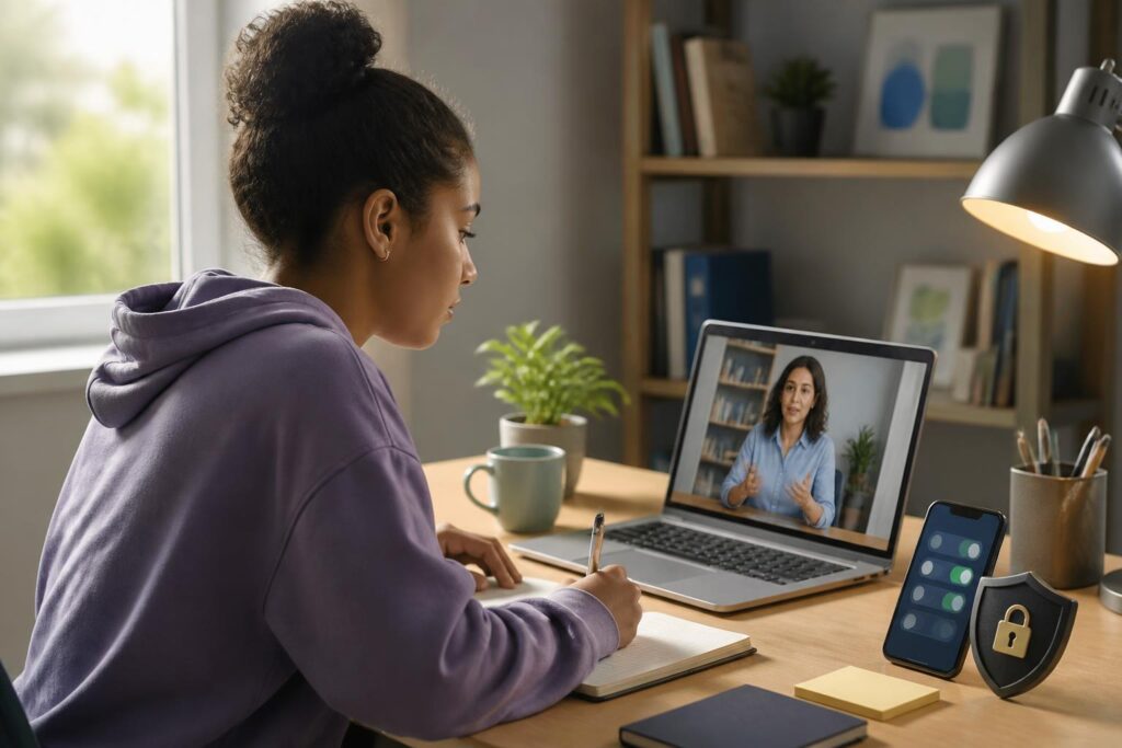 Pelajar menggunakan laptop untuk belajar daring dengan simbol perlindungan privasi di meja belajar