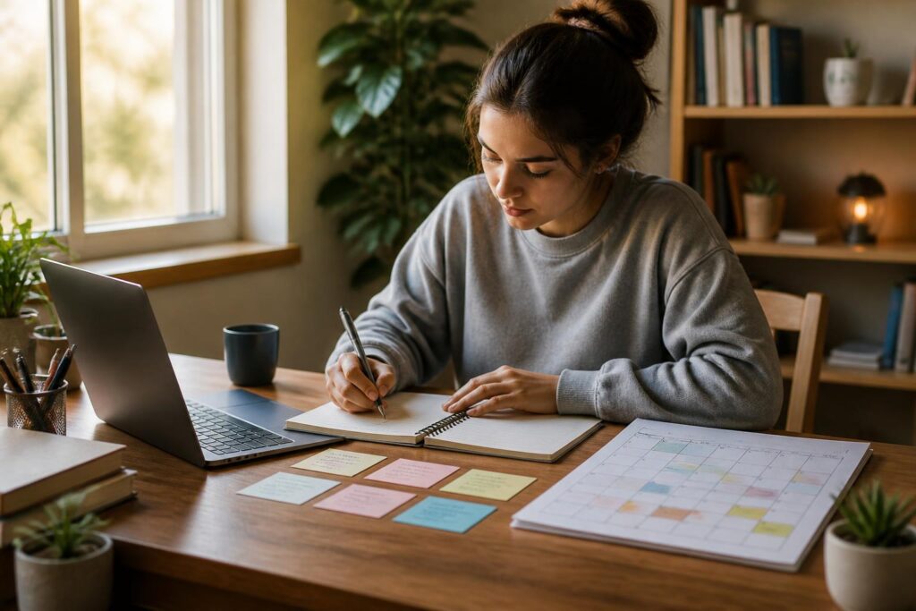 Pelajar menyusun jadwal belajar digital dengan laptop, kalender, catatan, dan kartu latihan di meja