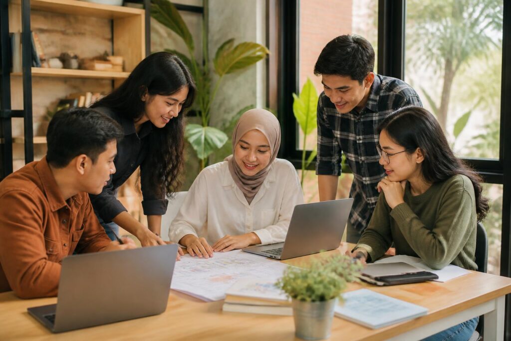 Pelajar dan mahasiswa bekerja sama mengatur tugas proyek digital dengan laptop dan catatan di meja