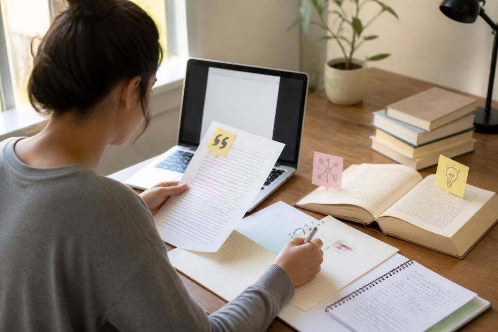 Pelajar menyusun tugas di meja dengan buku, catatan, dan laptop sambil mengolah informasi dari sumber secara etis